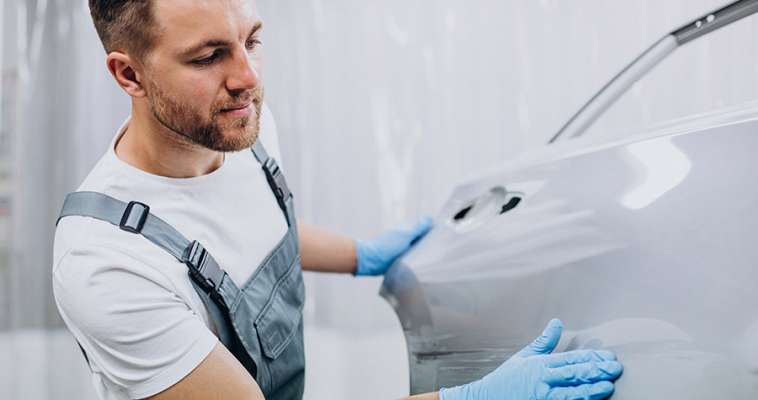 Peça metálica sendo pintada antes de seguir para a estufa de cura